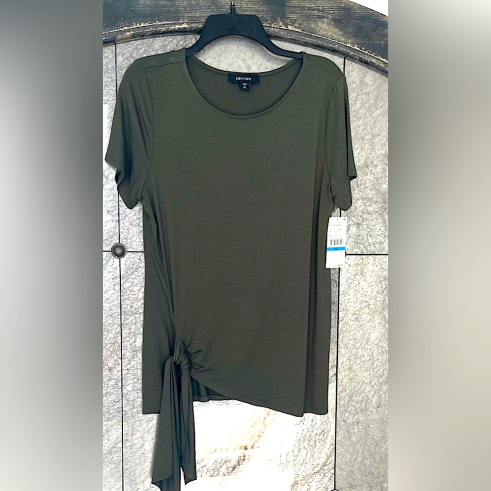 Karen Kane Short Sleeve Olive Tunic Top with Side Tie Accent